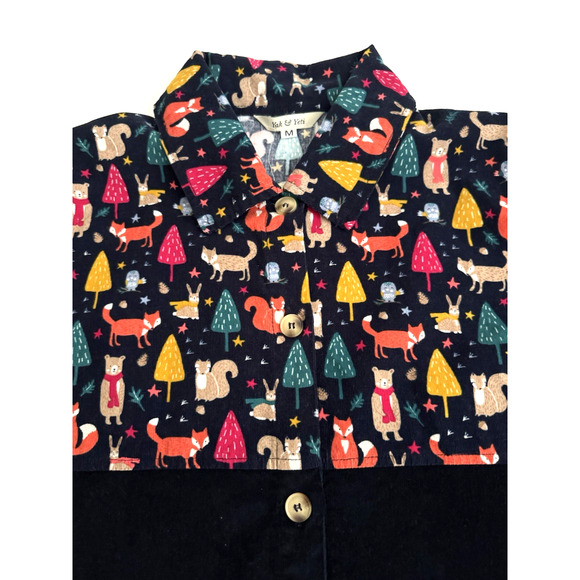 Yak & Yeti Shirt M/L Christmas Trees Animals Dark-Blue Cotton Corduroy Top NWT - Picture 2 of 12